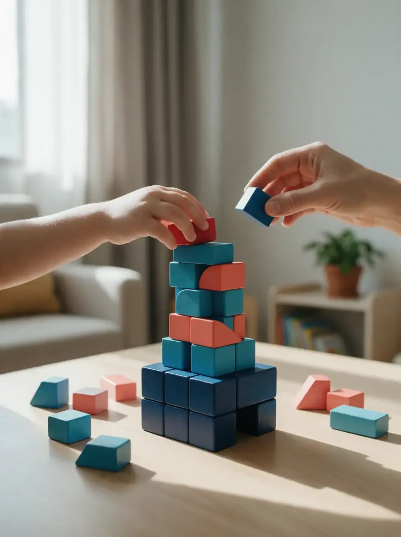 Mãos de uma criança montando uma torre de blocos coloridos enquanto um adulto oferece a próxima peça