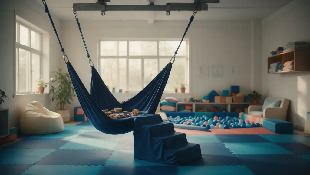 Sala de integração sensorial com balanço de tecido e tatames azuis
